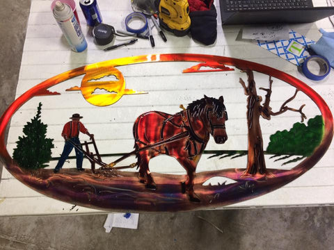 Horse And Farmer Steel Decor
